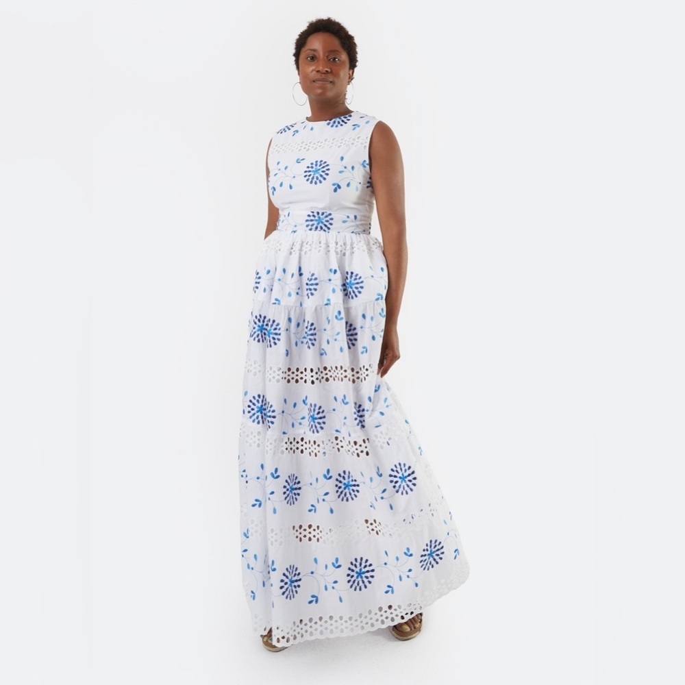 Meg White Blue Floral Eyelet Maxi Dress Extra Small - Picture 2 of 9